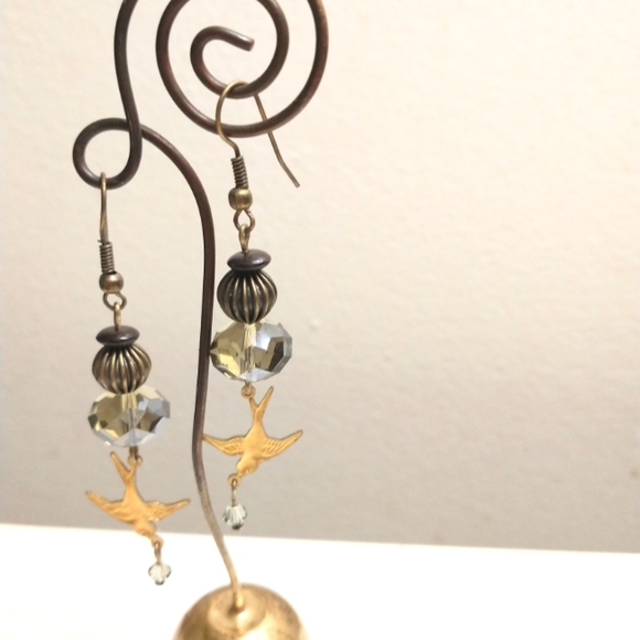 Drop Bronze Bird Earrings with Crystal - Picture 3 of 3
